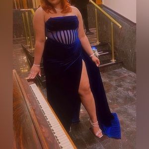 Priya Royal Blue Draping Corset High Slit Velvet Gown.